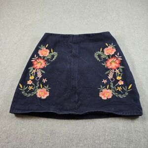 Mi Ami Womens Navy Blue Floral Embroidered Denim Mini Skirt Size S cottagecore
